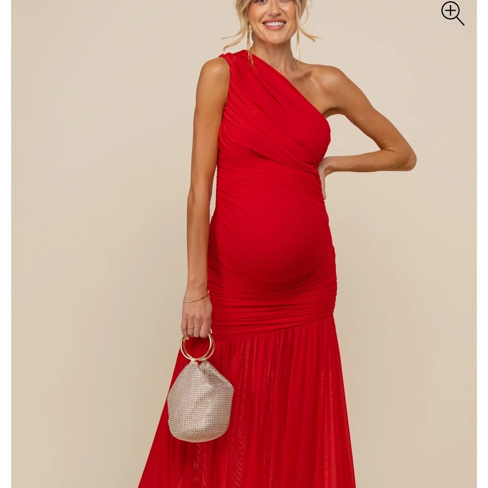 Red Ruched Mesh One Shoulder Maternity Maxi Dress